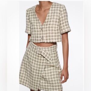 Zara Cream and Light Olive Houndstooth Cropped Top & Skirt Set